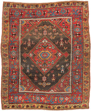 Antique Kurdish Bidjar small rug featuring a graphic central medallion floating above a slightly oxidized brown field. The field is chock full of animals and people including, birds, rabbits, and cats. The people are full of personality with some in the classic hands-on-hips formation, and others with arms outstretched offering a single flower. Some figures have even made their way into the cornices. The interesting scene is enhanced by the wonderful tones of rich red, coral, green