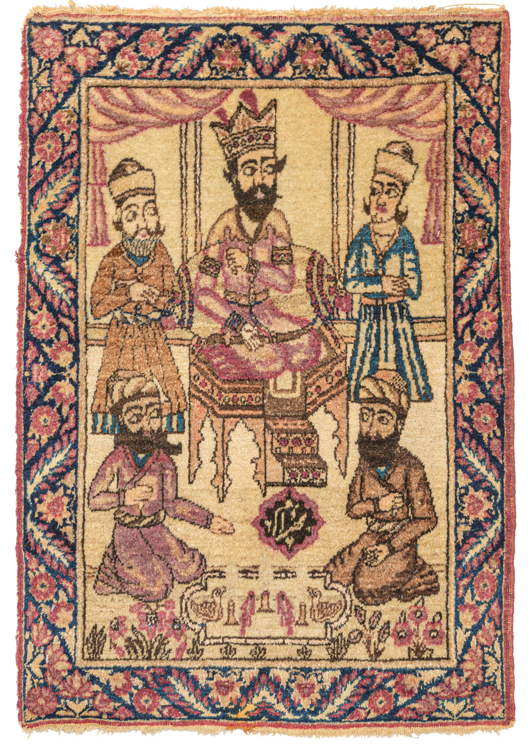 19th century Lavar Kerman pictorial rug depicting a Persian king or Shah on a throne surrounded by attendants or advisors. Near the bottom of the composition birds and fish can be seen. These images are sometimes utilized to express the shah's domain over both the earth (fish) and the sky (birds). The word 