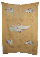 Antique Painted Mongolian Kesi - woven textile featuring cranes woven in pastel colors surrounded by painted plants and symbols in an earthy brown tone