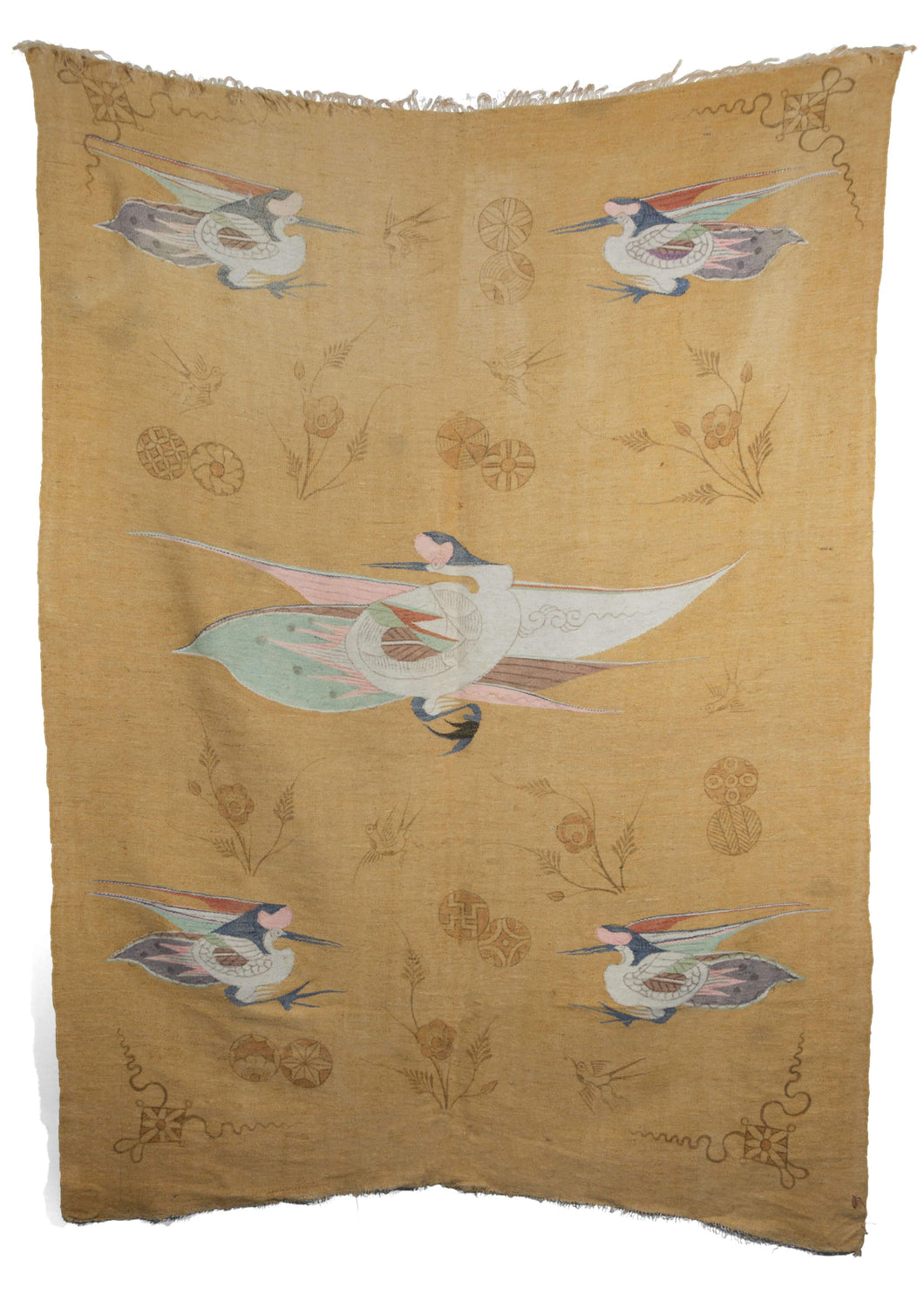 Antique Painted Mongolian Kesi - woven textile featuring cranes woven in pastel colors surrounded by painted plants and symbols in an earthy brown tone