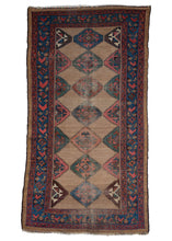 Antique NW Persian Bidjar Area Rug with a camel brown field and diamonds in green, pink, blue and maroon