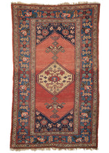 Antique Bidjar rug that features a canary yellow central medallion on an open and undulating brick field which contains a variety of symbols including pairs of boteh and four stick figures among others. The meandering leaf and rosette main border sits on a charming sky blue ground with gentle abrash that nicely harmonizes with the abrash in the brick field. 