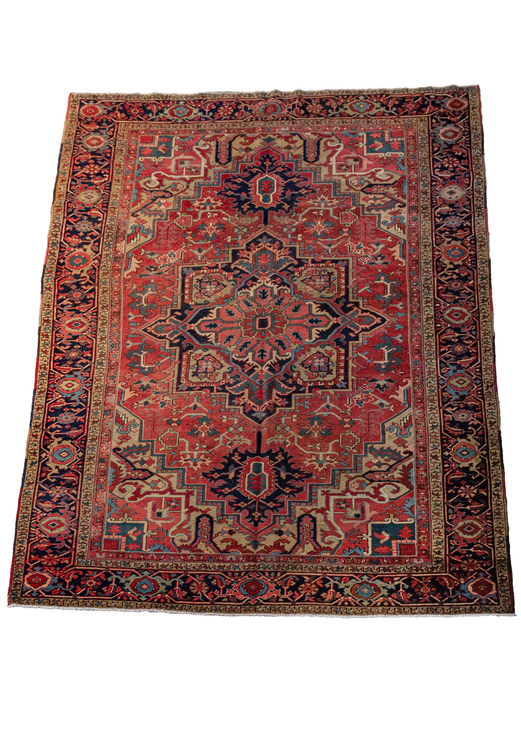 Antique NW Persian Heriz Central Medallion room size rug featuring pinks and greens and strong contrast