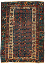 This Antique 19th Century Kurdish Rug features a field filled with rows of plump shield-like botehs on a dark navy ground. The field is framed by three different borders each with a different variation of rosettes in attractive shades of ivory, red, and a spectacular blue/green.  A real stunner for Kurdish rug fans.