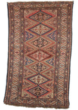 Antique NW Persian small runner composed of seven diamonds with a simplified latch-hook outline in a rainbow of colors. Geometric shapes and symbols fill in the rest of the fields open space. The main border is a geometric variation on the popular 'stars and leaves' design. The minor borders features tiny boteh and flowers on the top and bottom edges. The outer border is composed of the candy-cane motif, typical of Northwest Persian and Kurdish production.