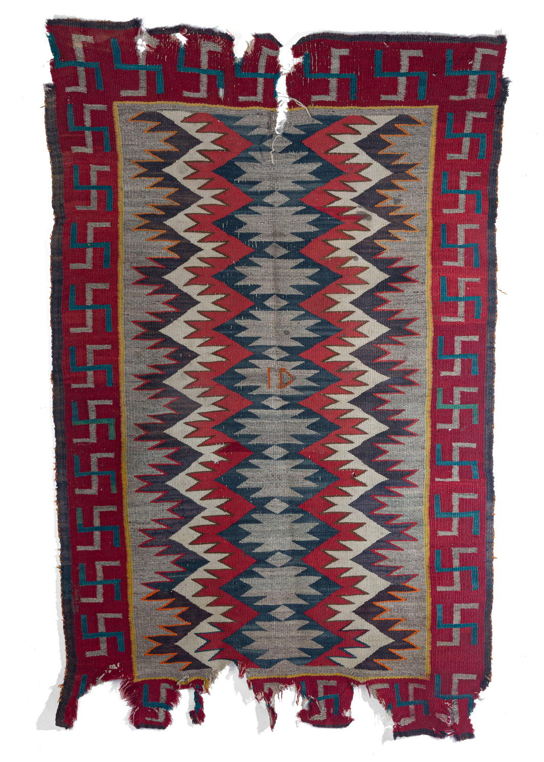 Antique Navajo Eye Dazzler ID Kilim Flatwoven blanket that is quite torn on the border areas, bright and colorful with some staining as well