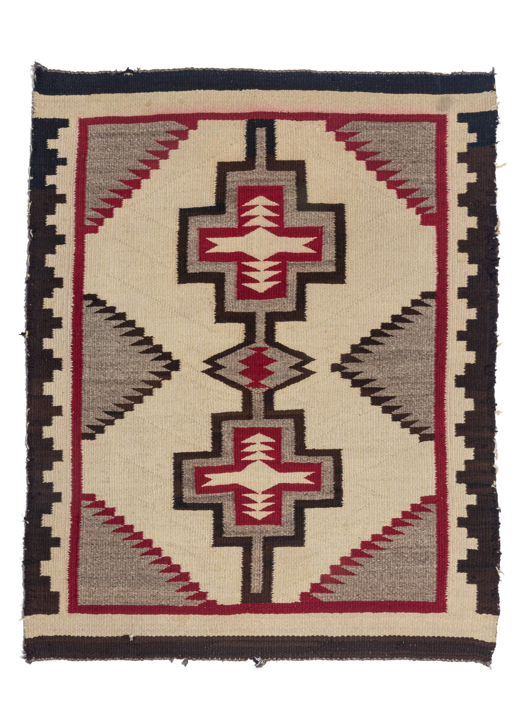 Antique Navajo Scatter rug with bold double diamond design in black, red and undyed wool
