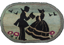 Antique North American oval hooked rug featuring a pictorial scene of two figures depicted in silhouette. On the left is a man taking off his top hat, while on the right is a woman in a hoop skirt facing him. Four bird silhouettes and a few blossoms complete the scene. The soft blue background fills the rest of the scene and has lovely abrash throughout. A thin pink border (the same color as the flowers) delineates the blue border around the rug. 