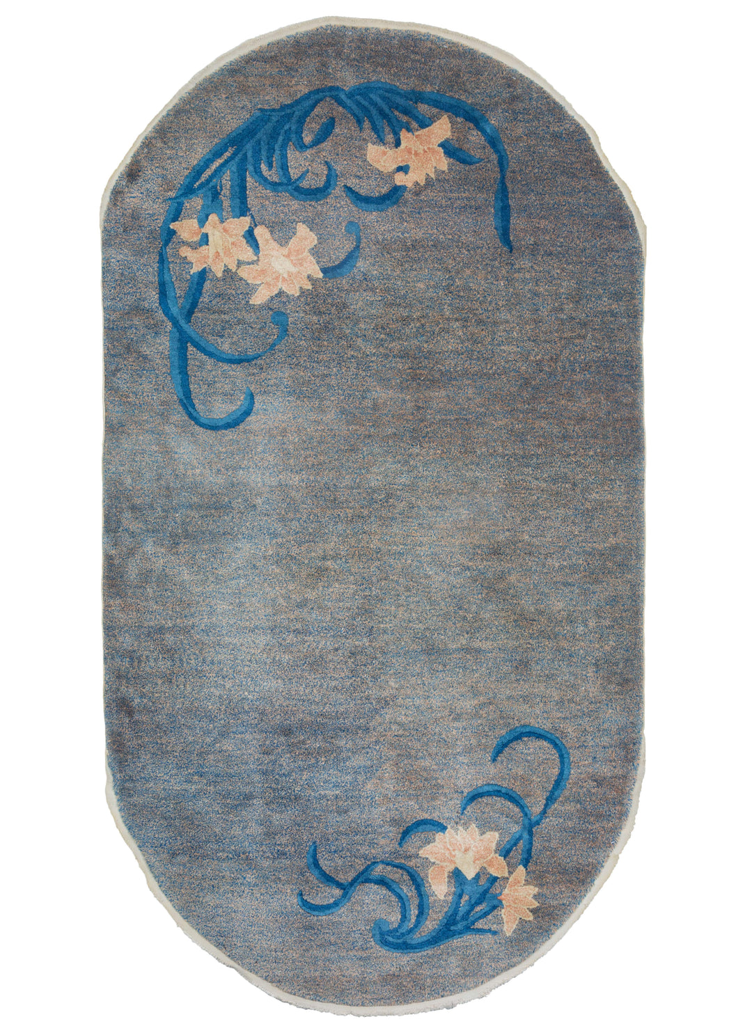 Antique Oval Chinese Deco rug with speckled blue field and peach lily flowers