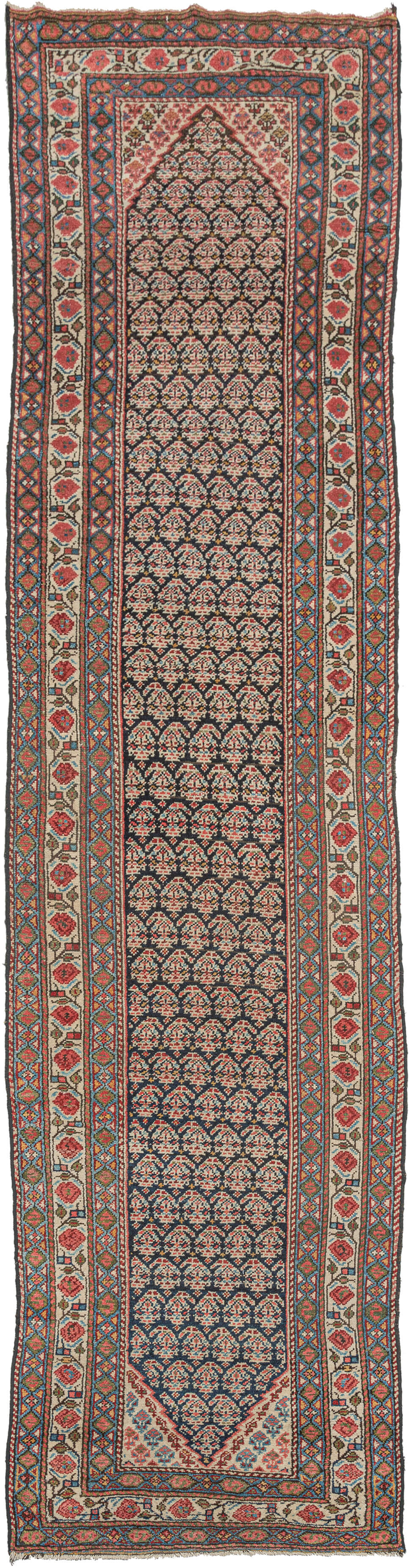 antique Persian Malayer runner featuring features rows of botehs marching to and fro on a navy field. It is framed by a well-spaced main border of roses blooming on a meandering vine against a bright ivory ground. The main border is flanked by matching minor borders that alternate between 