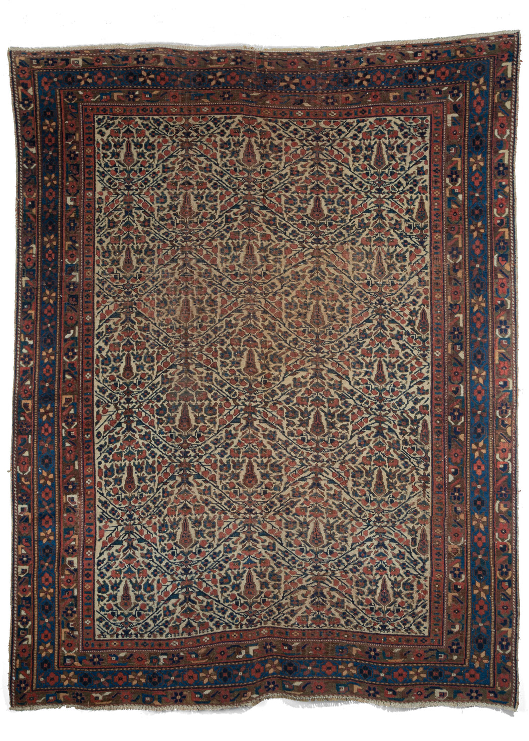 Persian Afshar handwoven in Southwest Iran during early 20th century. Indigo, pink, purple and ivory. Intricate geometric flower pattern framed by four elegant borders. 