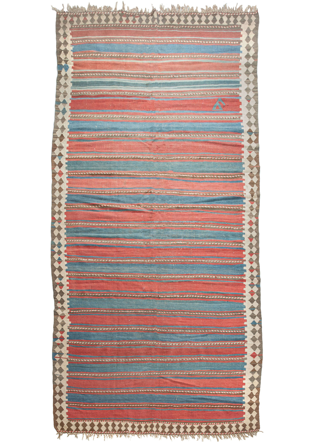 Antique Shahsavan striped kelleghi kilim featuring a beautifully simple design of organically drawn red and blue stripes with wavy movement and wonderful abrash (natural dye variation). Subtle candy-striped​ lines of red and ivory are intermittently brocaded over the top. The border consists of a reciprocating pawns motif made of ivory and brown where at some points the bands from the field flow into the border.