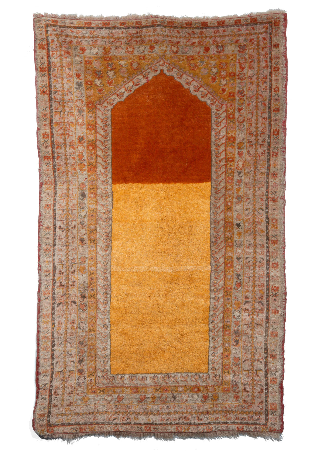 Antique Turkish Oushak Prayer handwoven rug with grey, gold and orange tones