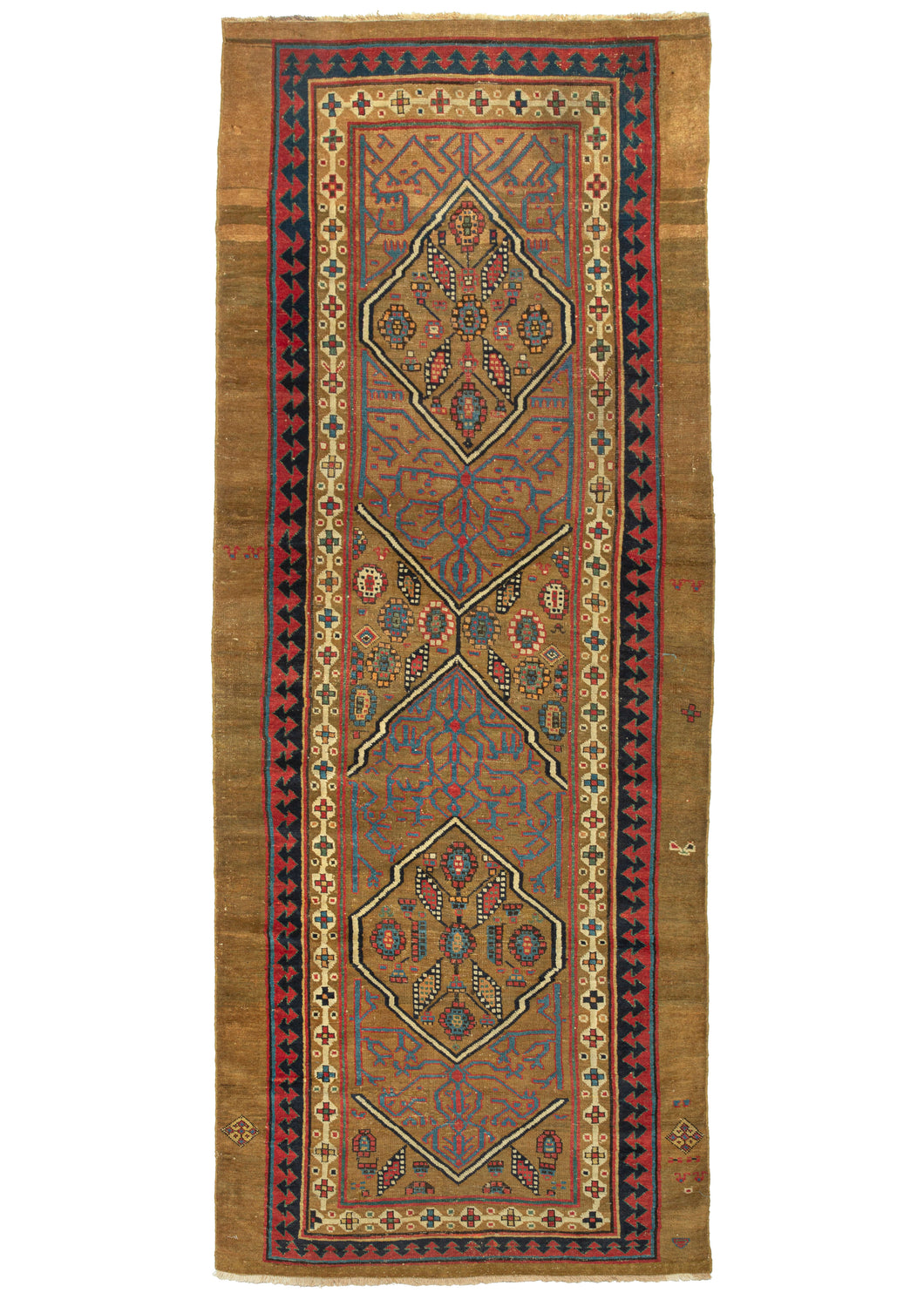 This Antique Serab Runner features two striking medallions floating above lively latticework in ruby and sapphire which all pop against the rich camel ground. The latticework is contained within a cartouche on one side but the cartouche is incomplete on the other.  Nicely finished with an inner border of polychrome rosettes on a cheerful ivory ground and an outer laleh abbasi border rendered in perfectly contrasting tones of navy and red.