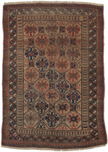 Antique small Afghan Baluch rug composed of diagonal octagons and hooked diamonds in alternating pinks, blues, and browns on a camel-hair field. The main border features a tri-color geometric design in red, white-brown, and blue.