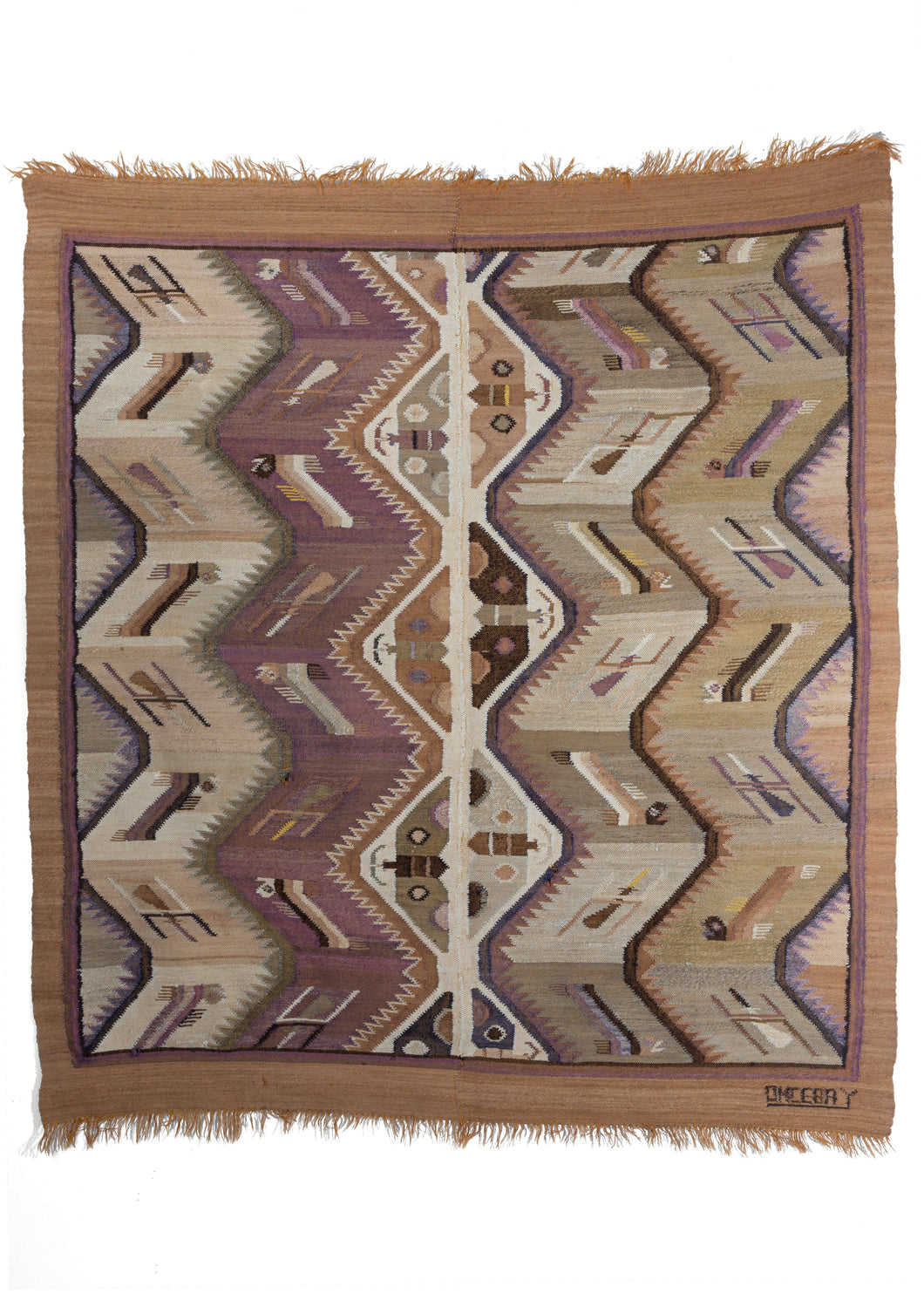 Signed Saturnino Oncebay Peruvian Weaver's Kilm with butterflies and caterpillars in natural dye zig zag design