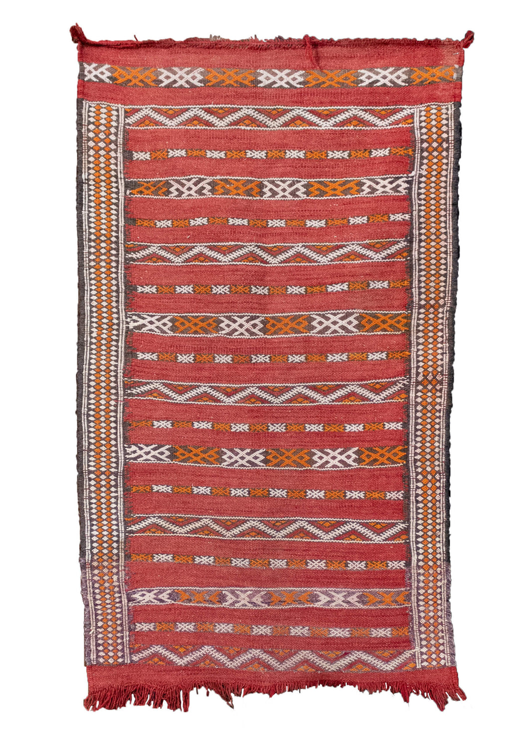 Vintage Moroccan kilim with a striped geometric design in black, white and, orange on a red ground. In fair condition, with some signs of wear but structurally sound. 