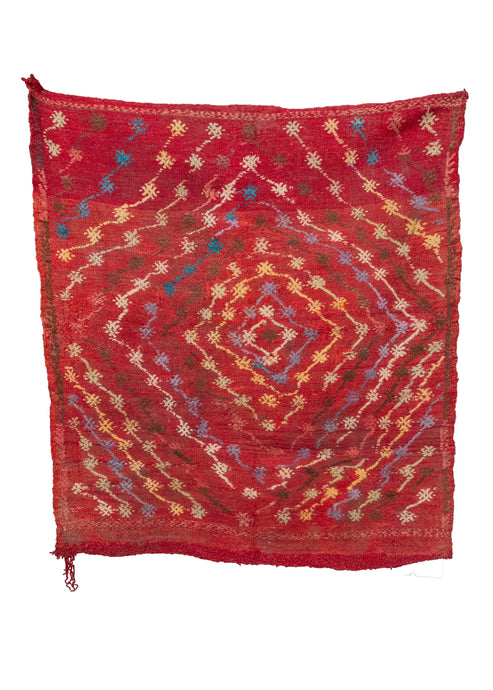 Vintage Turkish sofreh (square rug traditionally used for dining) with a red field and a diamond-shaped design in a variety of colors. In excellent condition, signs of wear consistent with age. 