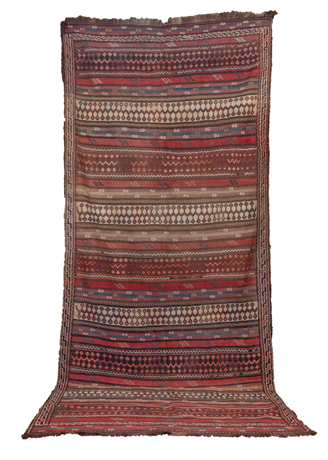 Vintage Northwest kilim handwoven in NW Iran. Featuring a dynamic striped design with embroidered symbols and shapes in a multitude of colors. In very good condition, signs of wear consistent with age. 