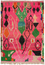 Bright Morrocan shag beni rug featuring abstracted vegetal and zoomorphic shapes in charcoal, ivory, orange, blue, and green on neon-pink ground. Fresh and fun weaving that showcases the bright colors and free spirit that Moroccan rugs of the late 20th/ early 21st century are famous for.