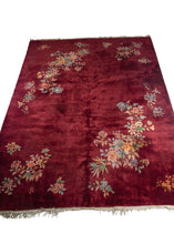 Burgundy Chinese Deco rug with colorful flowers