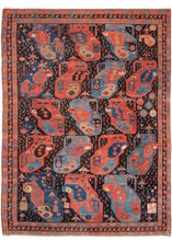 Caucasian Azerbaijan naturally dyed roomsize rug featuring an inky blue field is filled with red, blue, and tan tiny boteh, with rosettes and other symbols scattered throughout. The middle border is also composed of smaller boteh, sandwiched between two borders with floral meanders. 
