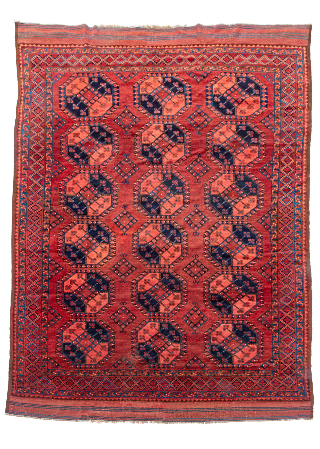 Central Asian Ersari Turkmen Area rug red with large guls, classic pattern with full kilim ends
