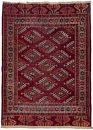 This Midcentury Yomud Turkmen Rug features an allover "dyrnak gul" latch-hooked diamond design in red, ivory, orange, green and blue on an aubergine ground. With a "curling leaf" main border and a wonderful alternating "eagle" design skirt border on the top and bottom.
