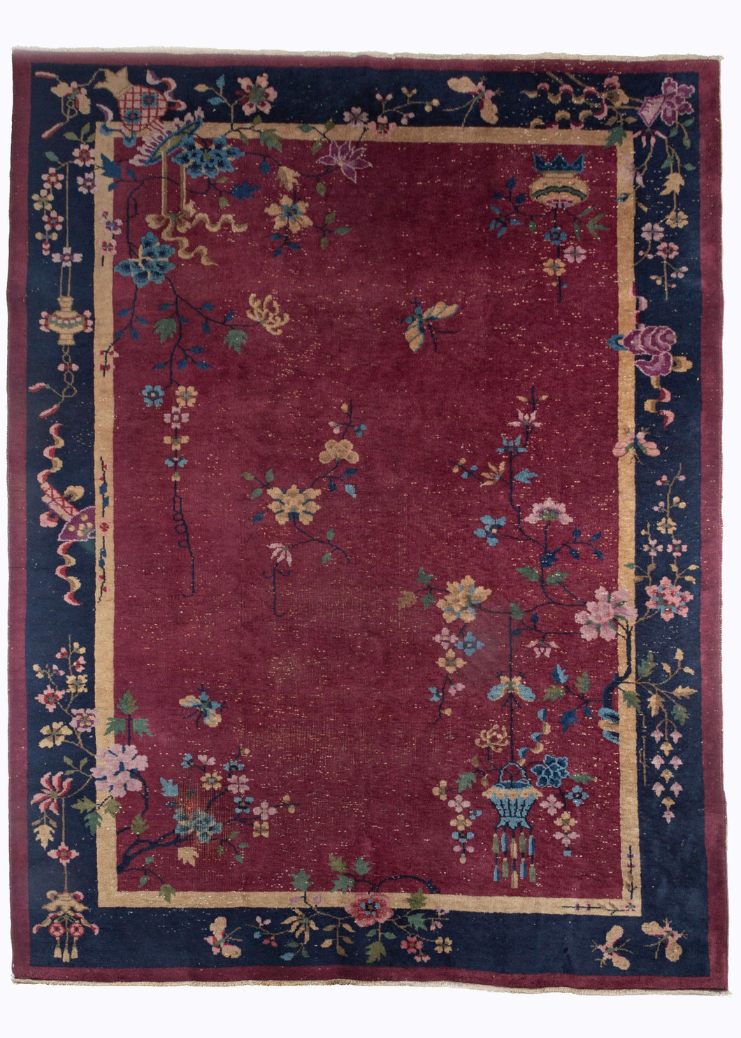 Chinese Art Deco Rug with deep blue border and maroon field