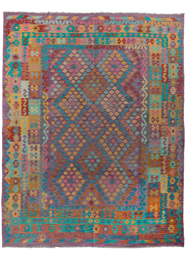 Colorful roomsize Afghani Maimane kilim featuring classic Maimana patterning of stepped diamonds but with bright punch of unexpected color. The age old design is brought alive with turquoise, maroon, orange, yellow and red on wonderful people ground. 