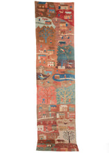 Colorful village life Tibetan Natural dyed runner featuring a fun a whimsical village scene more reminiscent of a folk painting than a rug. For this collection, the weavers used natural dyed wool and free reign to create an expression of village living. Vibrant scenes featuring people, animals, homes, and agricultural production play out in jewel-toned blues and greens atop earthy ochres.
