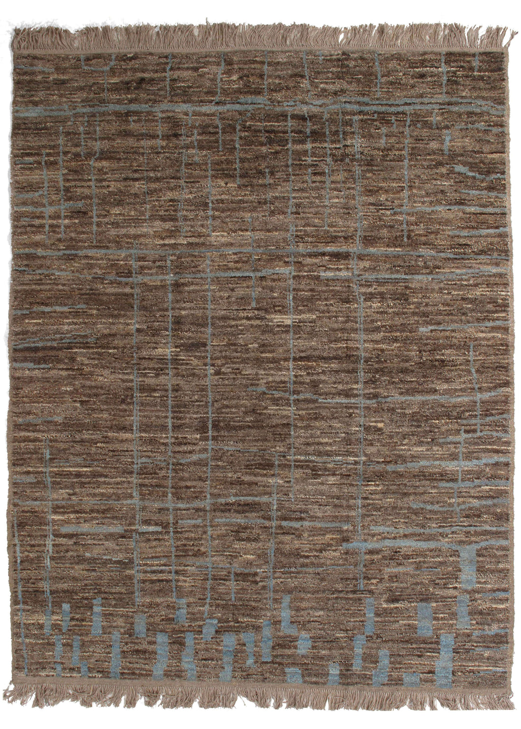 Contemporary Modern handwoven brown supple hanndled Afghani Rug with blue textural design