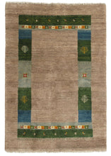 Contemporary Modern South Persian Lori Gabbeh rug with undyed hand knotted wool and a green blue playful border design