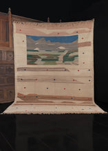 Contemporary Shiraz kilim handwoven in S Iran. The simple design is woven with a mix of undyed wool and naturally dyed wool in blue, green, and red. The top of the rug contains a window looking out onto an abstracted landscape, of mountains, valleys, and sky. Small red and blue crosses dot the remainder of the field, which contains abstract shapes rendered through the variegated wool.  In excellent condition, with no signs of wear. Flatwoven, with a light yet sturdy handle. With braided fringe on the ends. 
