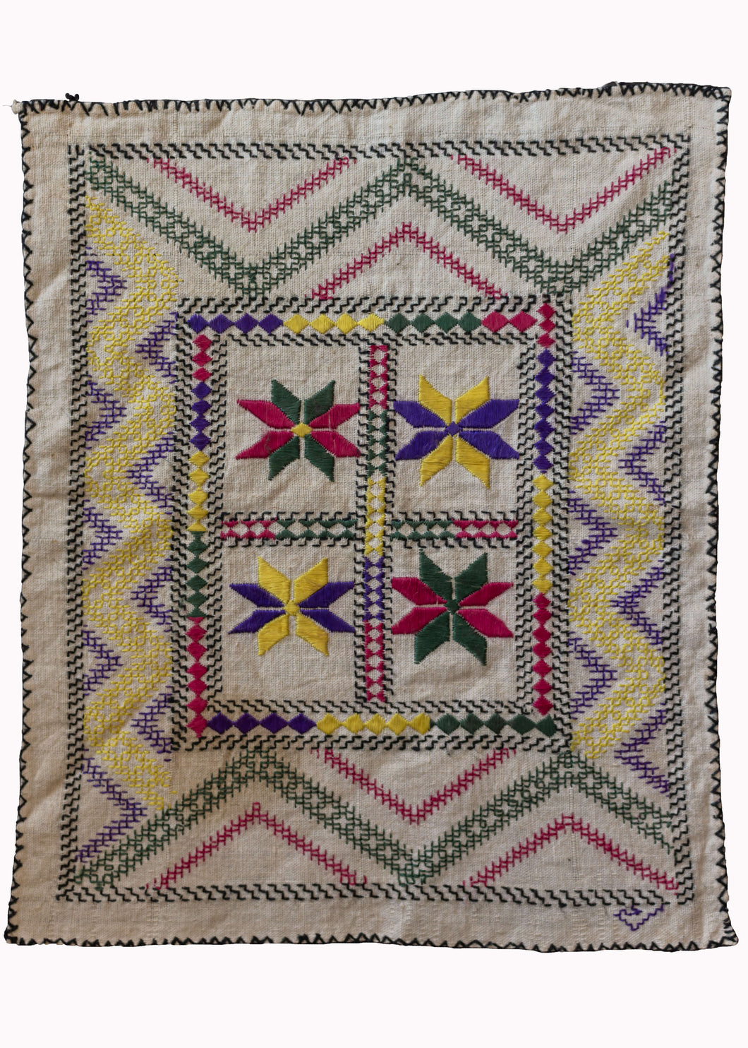 Vintage Hand Embroidered Hazara Prayer Cloth with yellow and purple stars