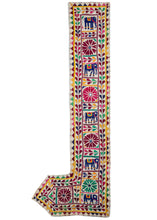 Embroidred Indian shisha textile featuring elephants and flowers, alternating symmetrically in the vertical. Horizontally, it resembles the shape of a boot. The composition is rendered in vibrant hues of yellow, green, shades of pink, and some navy coloration for the elephants.