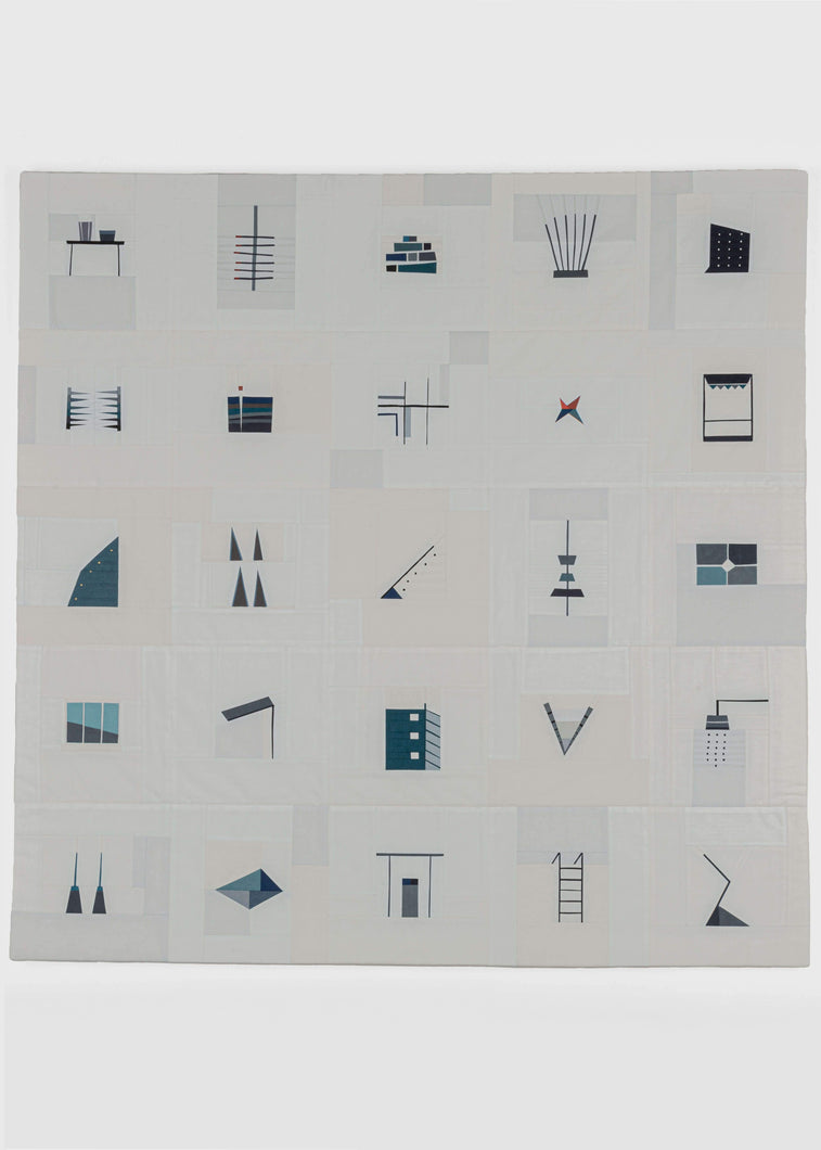 Erin Wilson quilt entitled Shape Study 29 featuring a beautiful neutral palette of blues on top of a ground of multiple shades of white, ivory and cream. This square quilt is separated into squares, 5 wide and 5 long. Each square is delicately sewn together utilizing asymmetric squares and rectangles for the ground with one blue object or shape in the center. These objects utilize a good deal of very thin elements, for instance the steps of a ladder or cable lines. 