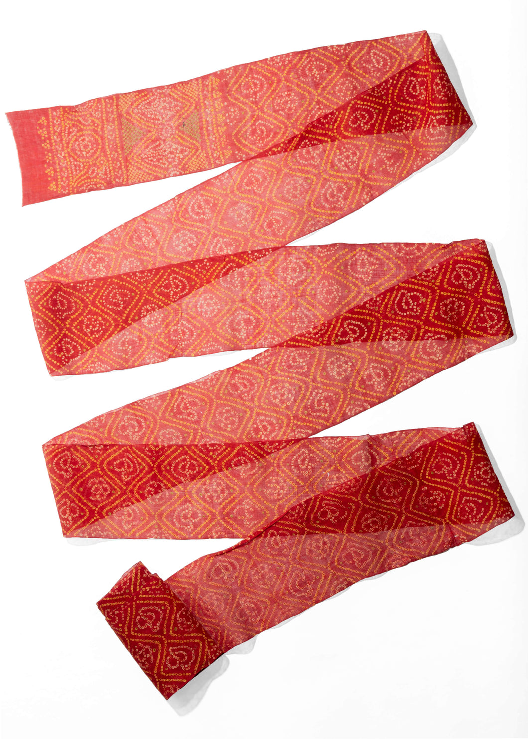 Gujarti Turban, long resist-dyed tie-dyed cotton cloth in burnt umber orange yellow white