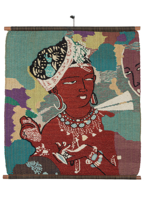 Woven Apsara Wall textile featuring two copper-toned figures against a backdrop of blocks of green, purple and brown, and beige. There is one main figure as well as the profile of another figure near the edge of the weaving. It is likely a depiction of an Apsara, a female celestial being that is often depicted in Hindu and Buddhist art throughout South and Southeast Asia. 