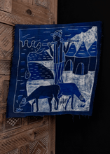 west african batik in blue and white with pictorial scene of shepherd with grazing rams, in perfect condition