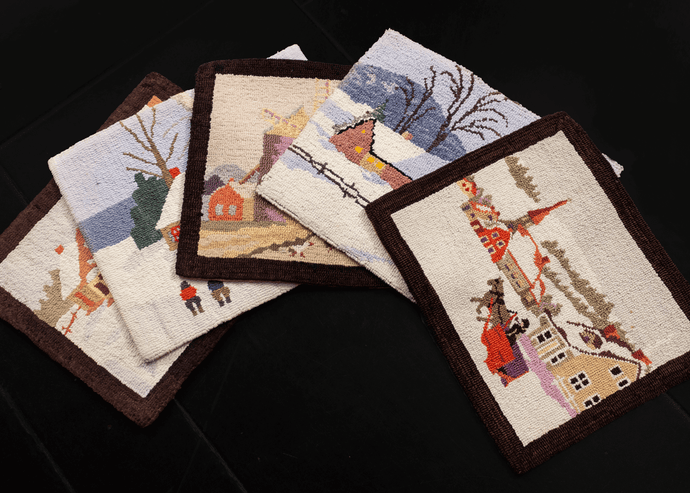 Vintage hook rugs from Quebec. Set of 5 (five).  This charming set of small hook rugs features four quaint winter scenes and a spring/summer scene, in a variety of settings with various characters. The scenes are all framed by a rich chocolate brown border.   In very good condition, signs of wear consistent with age. Hooked materials on a burlap base, with no pile. 