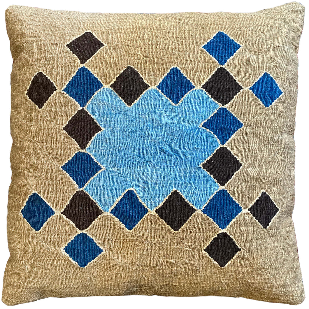 handwoven natural dyed blue and tan Turkish pillow