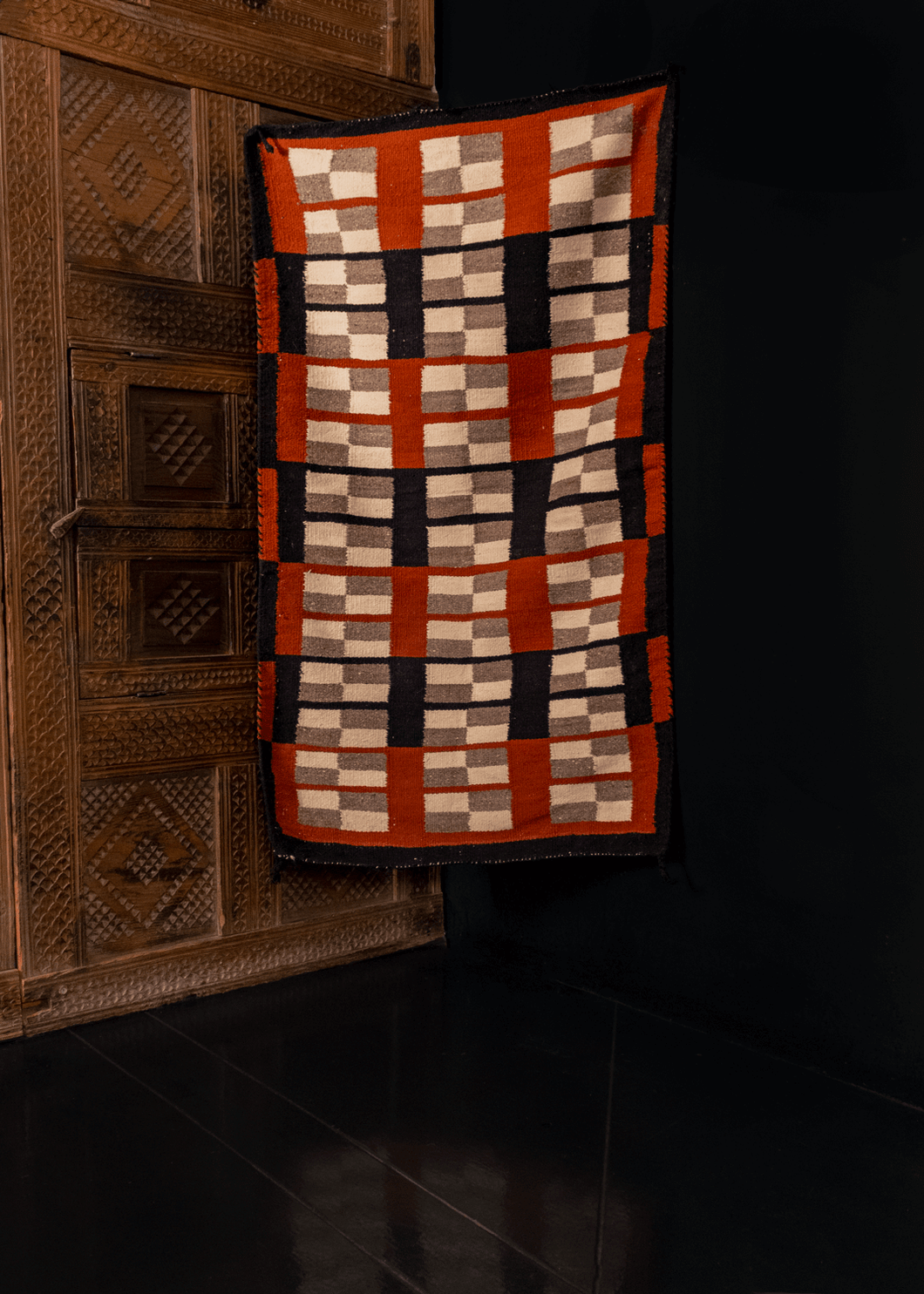 Navajo Flatwoven rug with box geometric design in rust/russet, black, grey/gray, cream, ivory, mid century