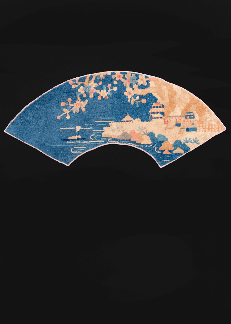 Chinese Deco rug in semicircle shape with a shoreline design with water, buildings, and trees
