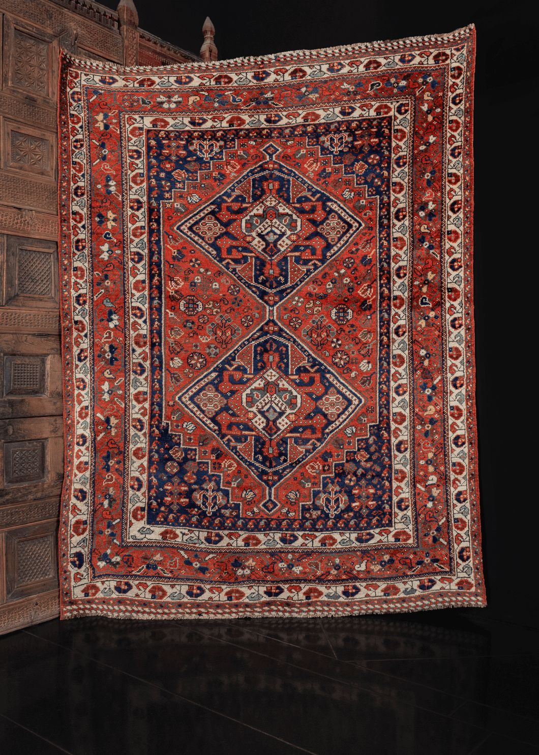 Khamseh rug with geometric pattern in blue and orange 