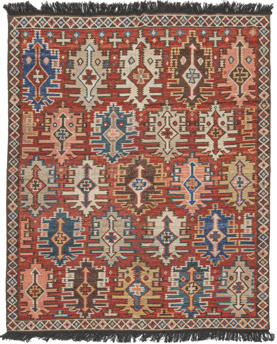 This Kuba design rug was woven in India during the 21st century.  It features an all-over design of geometric devices in blue, green,  wheat, ivory and chocolate on a red ground. Framed with a thin diamond border and wonderfully embellished with dark brown fringes. Woven in pile with the patterning of a classic Kuba rug from the Caucasus.