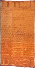 Punjabi Bagh Phulkara silk textile featuring various diamonds on a shimmering field of golden silk. At first glance, the patterning and color seem uniform but there is a subtle shift in the tone and scale with some moments where completely distinct patterns and tones are employed. Framed by a top and bottom skirt which showcases the red cotton cloth the piece is embroidered on as well as adds small touches of green to the composition.