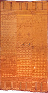 Punjabi Bagh Phulkara silk textile featuring various diamonds on a shimmering field of golden silk. At first glance, the patterning and color seem uniform but there is a subtle shift in the tone and scale with some moments where completely distinct patterns and tones are employed. Framed by a top and bottom skirt which showcases the red cotton cloth the piece is embroidered on as well as adds small touches of green to the composition.