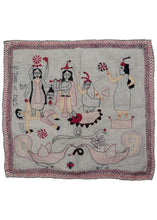 This Durga & Kali Nakshi Kantha features a representation of Kali the Hindu goddess of power, time, change, creation, and destruction. Durga has transformed into Kali who has gone on a rampage destroying the universe. She is seen holding the decapitated head of Mahishasura while those around her calm her including Shiva who is underfoot.