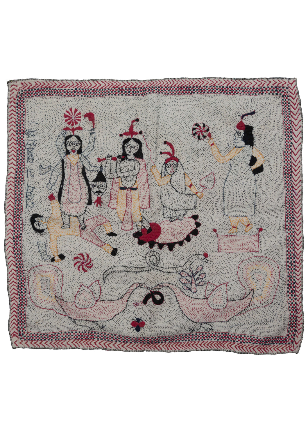 This Durga & Kali Nakshi Kantha features a representation of Kali the Hindu goddess of power, time, change, creation, and destruction. Durga has transformed into Kali who has gone on a rampage destroying the universe. She is seen holding the decapitated head of Mahishasura while those around her calm her including Shiva who is underfoot.